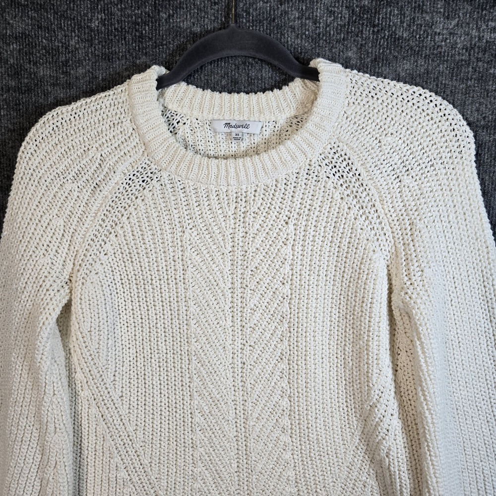 Madewell Sweater Womens XS Cream White Puff Sleeve Shaker Stitch Crew Neck Cozy - Picture 2 of 10